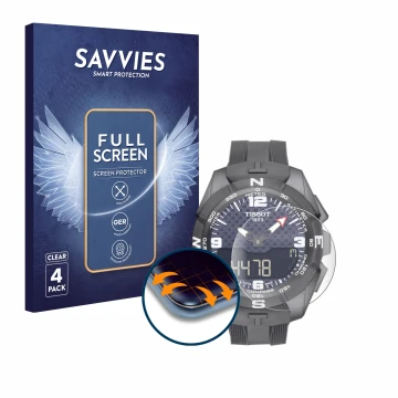 Front side of a product packaging with the brand logo Savvies. Next to it is the device Tissot T-Touch Connect Solar shown wit