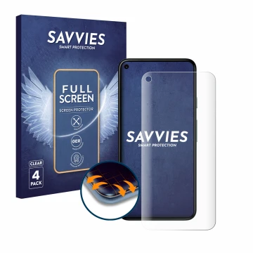 Front side of a product packaging with the brand logo Savvies. Next to it is the device Google Pixel 5 shown with the correspo