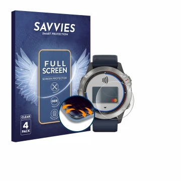 Front side of a product packaging with the brand logo Savvies. Next to it is the device Garmin quatix 6 shown with the corresp