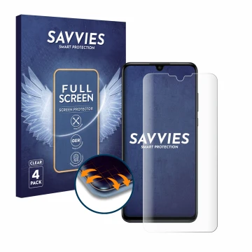Front side of a product packaging with the brand logo Savvies. Next to it is the device Huawei P30 lite New Edition shown with