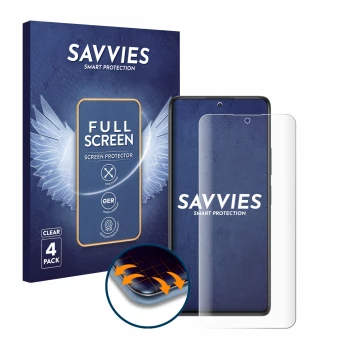 Front side of a product packaging with the brand logo Savvies. Next to it is the device Xiaomi Redmi Note 10 shown with the co