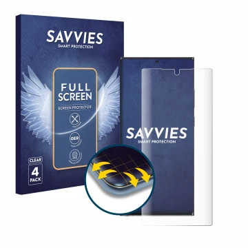 Front side of a product packaging with the brand logo Savvies. Next to it is the device Samsung Galaxy Note 20 Ultra shown wit