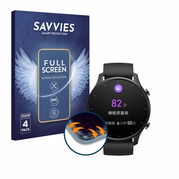 Front side of a product packaging with the brand logo Savvies. Next to it is the device Xiaomi Mi Watch Revolve shown with the
