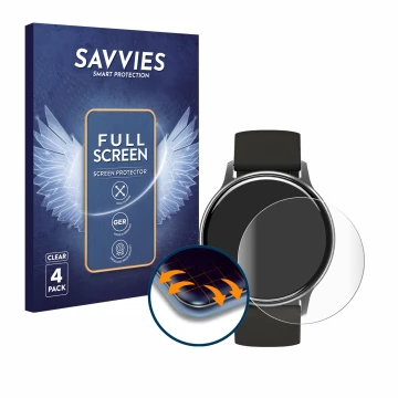 Front side of a product packaging with the brand logo Savvies. Next to it is the device Umidigi Uwatch 2S shown with the corre