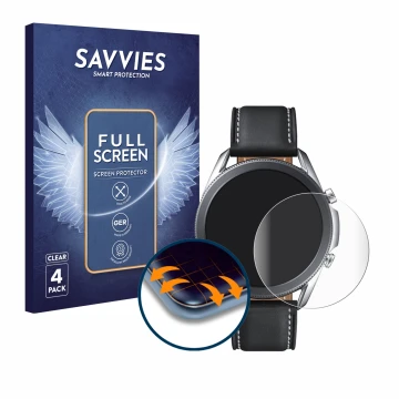 Front side of a product packaging with the brand logo Savvies. Next to it is the device Samsung Galaxy Watch 3 (45mm) shown wi
