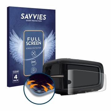 Front side of a product packaging with the brand logo Savvies. Next to it is the device Yamaha LCD-A Display 2019 shown with t