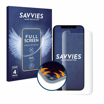 Front side of a product packaging with the brand logo Savvies. Next to it is the device Apple iPhone 12 Pro shown with the cor