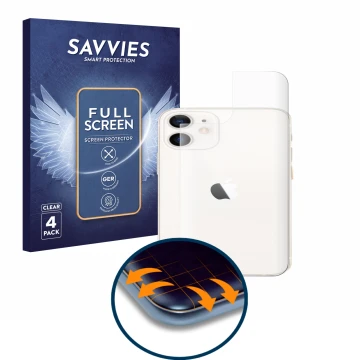 Front side of a product packaging with the brand logo Savvies. Next to it is the device Apple iPhone 12 mini (Back) shown with