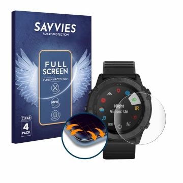 Front side of a product packaging with the brand logo Savvies. Next to it is the device Garmin Tactix Delta Solar Ballistic sh
