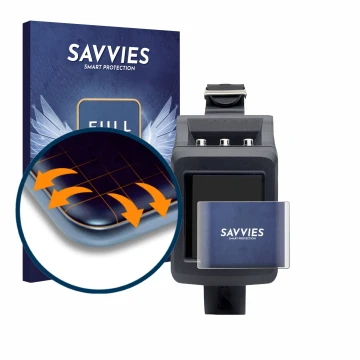 Front side of a product packaging with the brand logo Savvies. Next to it is the device Uwatec Galileo G2 shown with the corre