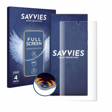 Front side of a product packaging with the brand logo Savvies. Next to it is the device Samsung Galaxy Note 20 Ultra 5G shown 