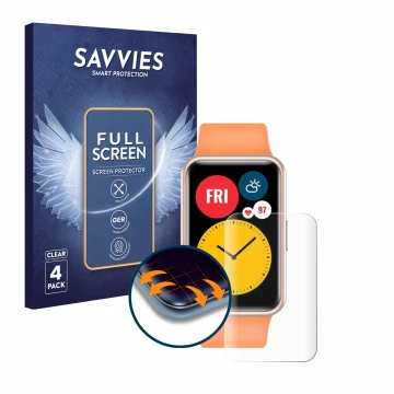 Front side of a product packaging with the brand logo Savvies. Next to it is the device Huawei Watch Fit shown with the corres