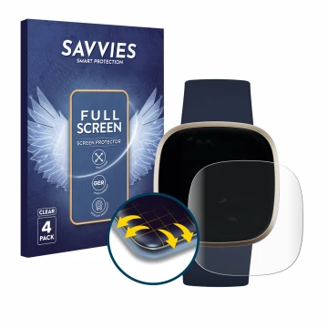 Front side of a product packaging with the brand logo Savvies. Next to it is the device Fitbit Versa 3 shown with the correspo