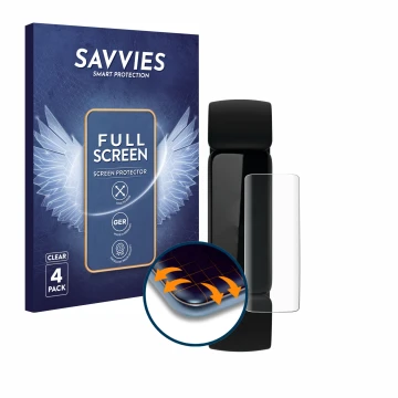 Front side of a product packaging with the brand logo Savvies. Next to it is the device Fitbit Inspire 2 shown with the corres