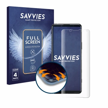Front side of a product packaging with the brand logo Savvies. Next to it is the device Sony Xperia 5 II shown with the corres