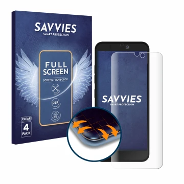 Front side of a product packaging with the brand logo Savvies. Next to it is the device Fairphone 3 Plus shown with the corres