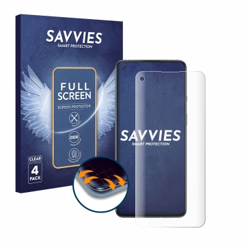 Front side of a product packaging with the brand logo Savvies. Next to it is the device OnePlus 8T shown with the correspondin