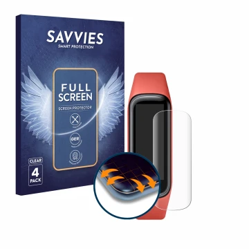 Front side of a product packaging with the brand logo Savvies. Next to it is the device Samsung Galaxy Fit2 shown with the cor