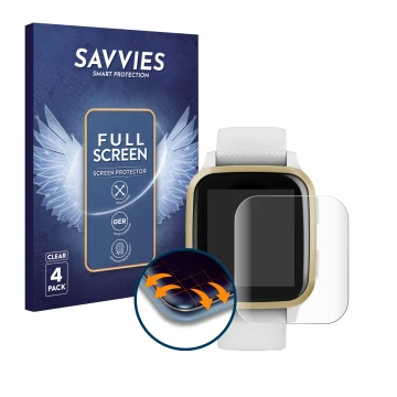 Front side of a product packaging with the brand logo Savvies. Next to it is the device Garmin Venu Sq shown with the correspo