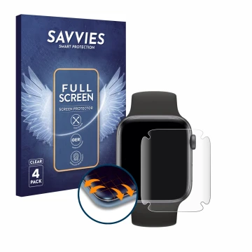 Front side of a product packaging with the brand logo Savvies. Next to it is the device Apple Watch SE (44 mm) shown with the 