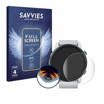 Front side of a product packaging with the brand logo Savvies. Next to it is the device Garmin Forerunner 745 shown with the c