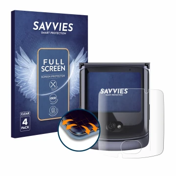 Front side of a product packaging with the brand logo Savvies. Next to it is the device Motorola Razr 5G 2020 (Front display) 