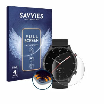 Front side of a product packaging with the brand logo Savvies. Next to it is the device Huami Amazfit GTR 2 shown with the cor