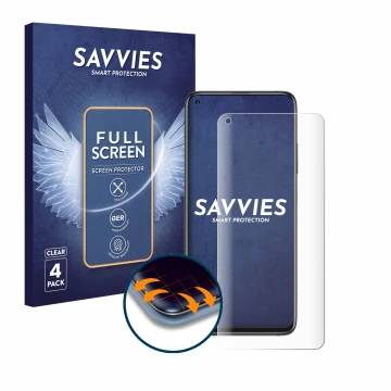 Front side of a product packaging with the brand logo Savvies. Next to it is the device Xiaomi Mi 10T Pro 5G shown with the co