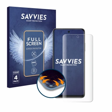 Front side of a product packaging with the brand logo Savvies. Next to it is the device Xiaomi Mi 10T Lite shown with the corr