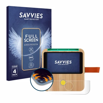 Front side of a product packaging with the brand logo Savvies. Next to it is the device tigerbox Touch shown with the correspo