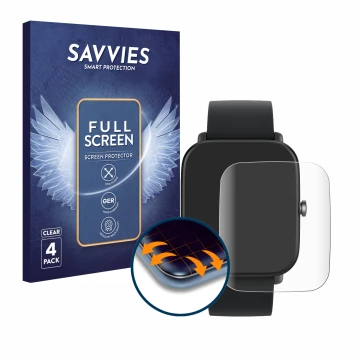 Front side of a product packaging with the brand logo Savvies. Next to it is the device Huami Amazfit Bip U shown with the cor