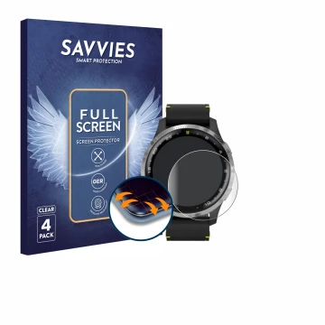 Front side of a product packaging with the brand logo Savvies. Next to it is the device Garmin D2 Air shown with the correspon