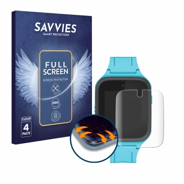 Front side of a product packaging with the brand logo Savvies. Next to it is the device TCL Movetime FamilyWatch Kids MT40X sh