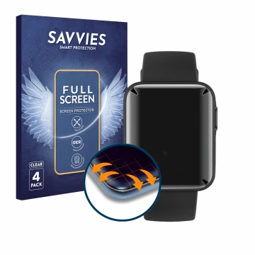 Front side of a product packaging with the brand logo Savvies. Next to it is the device Xiaomi Mi Watch Lite shown with the co