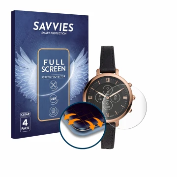 Front side of a product packaging with the brand logo Savvies. Next to it is the device Fossil Monroe HR shown with the corres