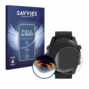 Front side of a product packaging with the brand logo Savvies. Next to it is the device Garmin Descent Mk2i shown with the cor