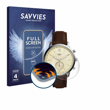 Front side of a product packaging with the brand logo Savvies. Next to it is the device Fossil Neutra Hybrid HR shown with the