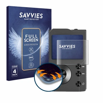 Front side of a product packaging with the brand logo Savvies. Next to it is the device Surfans F20 shown with the correspondi