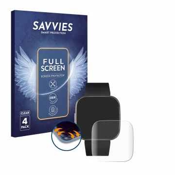 Front side of a product packaging with the brand logo Savvies. Next to it is the device Fitbit Versa 2 Special Edition shown w