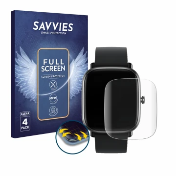Front side of a product packaging with the brand logo Savvies. Next to it is the device Huami Amazfit GTS 2 mini shown with th
