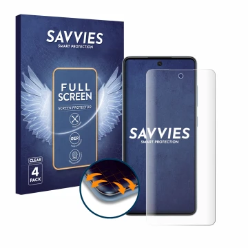 Front side of a product packaging with the brand logo Savvies. Next to it is the device Samsung Galaxy A52 5G shown with the c