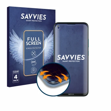 Front side of a product packaging with the brand logo Savvies. Next to it is the device Nokia 5.4 shown with the corresponding