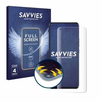 Front side of a product packaging with the brand logo Savvies. Next to it is the device Xiaomi Mi 11 Ultra shown with the corr