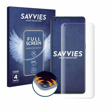 Front side of a product packaging with the brand logo Savvies. Next to it is the device Oppo Find X3 Pro shown with the corres