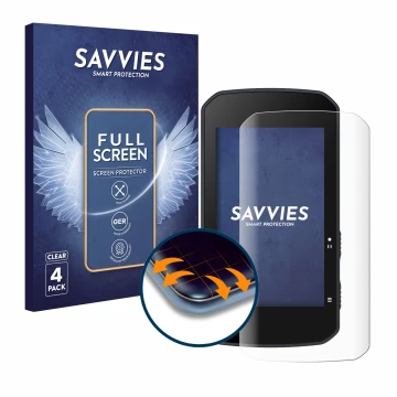 Front side of a product packaging with the brand logo Savvies. Next to it is the device Bryton Rider 750 shown with the corres