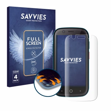 Front side of a product packaging with the brand logo Savvies. Next to it is the device Unihertz Jelly 2 shown with the corres