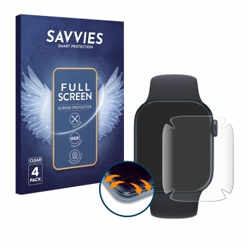 Front side of a product packaging with the brand logo Savvies. Next to it is the device Apple Watch Series 7 (41 mm) shown wit