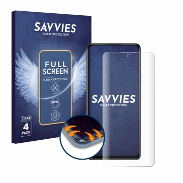 Front side of a product packaging with the brand logo Savvies. Next to it is the device Xiaomi Redmi Note 10 Pro shown with th