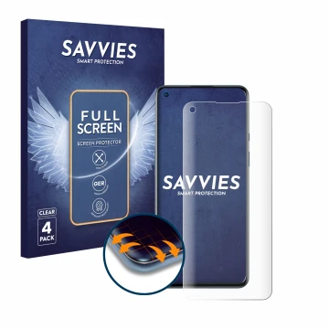 Front side of a product packaging with the brand logo Savvies. Next to it is the device OnePlus 9 shown with the corresponding