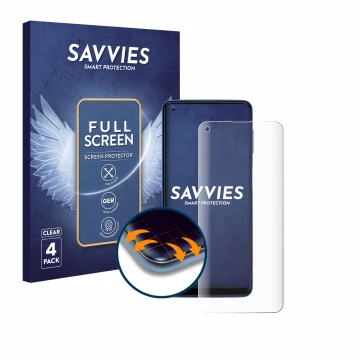 Front side of a product packaging with the brand logo Savvies. Next to it is the device Motorola Moto G Power 2021 shown with 